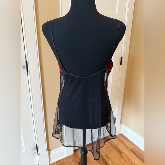Y2K Victoria's Secret SILK RED Sheer Black Nylon Mesh Babydoll Teddy Slip/Top M - Picture 4 of 10